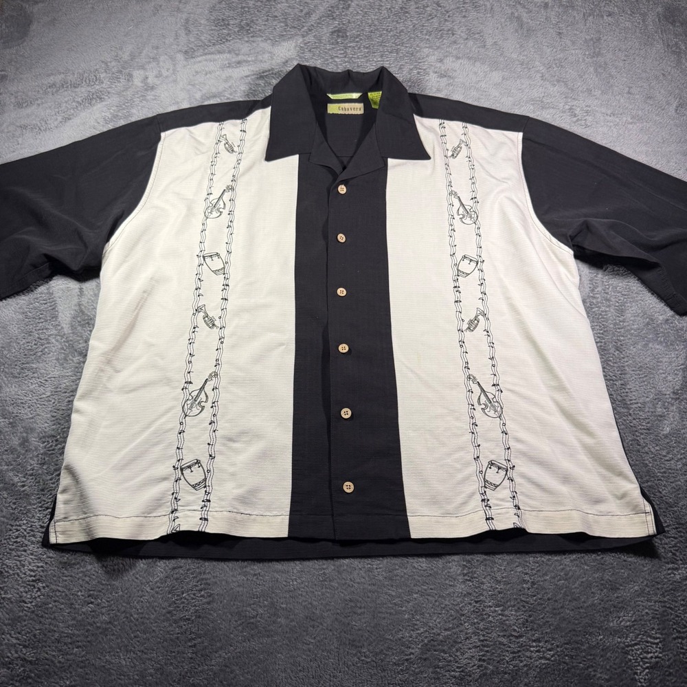 Cubavera Mens XLT Black White Musical Instrument Embroidered Rayon‎ Shirt Band